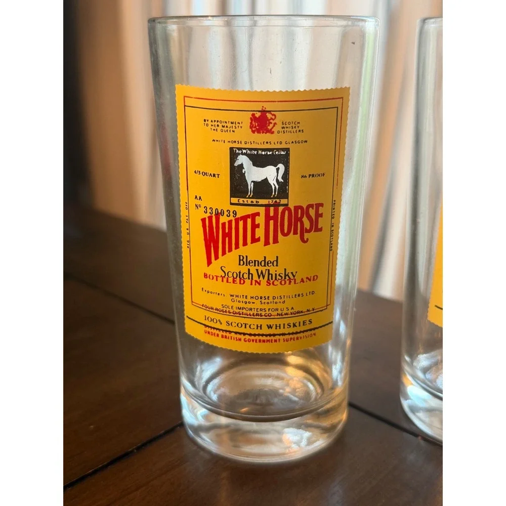 Vintage White Horse Scotch Whisky Highball Glasses Set of 2 Yellow Label Barware